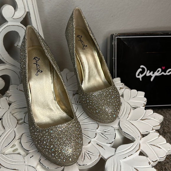 Round Toe champagne Glitter Mesh Rhinestone Studded Low Platform Pump Heel ✨ - Picture 7 of 12